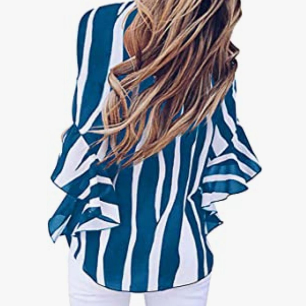 Royal Palms Striped Blue tie at waist blouse Size L  NWOT